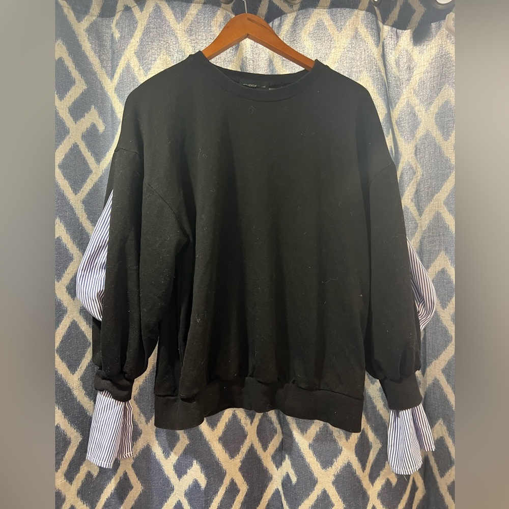 Mustard seed Black Sweater with Blue and White Striped sleeve pop outs Size S